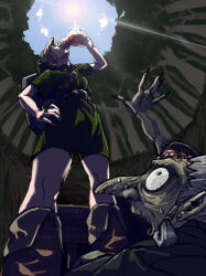 1boy 1girl belt blonde_hair boots bottle drinking earrings forehead_jewel forest from_below grey_hair gus_uur hand_on_own_hip hat jewelry koume_(zelda) link nature nintendo open_mouth outstretched_hand pointy_ears potion shield shield_on_back sun sweatdrop the_legend_of_zelda the_legend_of_zelda:_majora&#039;s_mask tunic watermark wide-eyed