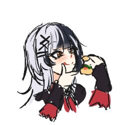1girl :q black_hair closed_mouth dress food grey_hair holding holding_food hololive hololive_english multicolored_hair official_alternate_costume penguin_stamp red_dress shiori_novella shiori_novella_(casual) simple_background smile solo split-color_hair tongue tongue_out two-tone_hair virtual_youtuber white_background yellow_eyes