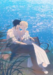 Rule 34 | 1boy, 1girl, ahoge, bare shoulders, bench, black hair, black pants, blonde hair, closed eyes, closed mouth, collared shirt, couple, dress, full body, genshin impact, hetero, highres, imminent kiss, looking at another, lumine (genshin impact), marketslipper, on bench, outdoors, pants, shirt, short hair, sitting, water, white dress, white shirt, xiao (genshin impact)