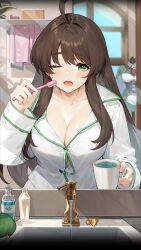 Rule 34 | 1girl, bathroom, blush, breasts, brown hair, cleavage, green eyes, highres, isekai: slow life, large breasts, one eye closed, pajamas, sink, sofia (isekai: slow life), solo, toothbrush, toothpaste