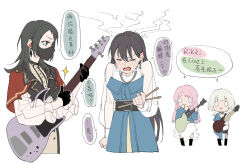 4girls 5-string_bass_guitar bang_dream! bang_dream!_it&#039;s_mygo!!!!! belt black_belt black_hair black_shorts blue_jacket blush capelet chihaya_anon closed_eyes commentary drumsticks earrings electric_bass_guitar electric_guitar fishnets guitar highres holding holding_drumsticks instrument jacket jewelry joker_(jjjokerrr233) kaname_raana long_hair long_sleeves looking_at_another medium_hair mole mole_under_eye multiple_girls open_mouth pink_hair red_capelet shiina_taki shorts skirt timoris_(bang_dream!) white_hair white_skirt yahata_umiri