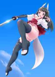 1girl anabuki_tomoko animal_ears ass black_hair black_thighhighs blue_eyes blush breasts fox_ears fox_tail highres holding holding_sword holding_weapon japanese_clothes kimono large_breasts long_hair navel nipple_slip nipples no_bra open_mouth panties sky solo suika_blue sword tail thighhighs underwear weapon white_panties world_witches_series