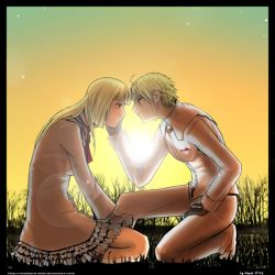 1boy 1girl emilie_de_rochefort grass grass_field leo_kliesen namco sun sunlight sunset tekken