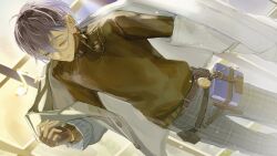 1boy belt black_gloves black_skirt book brown_belt closed_eyes closed_mouth cowboy_shot dutch_angle earrings eyewear_strap fingerless_gloves glasses gloves grey_jacket grey_pants highres ike_eveland ike_eveland_(2nd_costume) indoors jacket jewelry long_sleeves male_focus musical_note nijisanji nijisanji_en pants plaid_clothes plaid_pants round_eyewear sawayaka_(swyk_a4) skirt smile solo spoken_musical_note undressing virtual_youtuber window