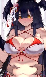 1boy 1girl belly_grab bikini black_hair blush bombergirl breasts closed_mouth commentary hair_between_eyes hair_ornament head_wings highres karasuba_hiiro kyuu_(plastic_night_q) large_breasts long_hair navel plump solo_focus sweat swimsuit white_bikini wings yellow_eyes