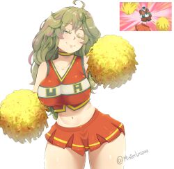 1girl ;) absurdres bare_shoulders blue_eyes boku_no_hero_academia breasts cheerleader choker cowboy_shot crop_top curvy gradient_hair green_hair green_panties hagakure_toru highres holding holding_pom_poms invisible large_breasts long_hair looking_at_viewer messy_hair microskirt midriff multicolored_hair navel one_eye_closed orange_shirt orange_skirt panties pink_hair pom_pom_(cheerleading) pom_poms reference_inset seductive_smile shirt skirt sleeveless smile srlmao twitter_username u.a._cheerleader_uniform underwear unusually_visible yellow_choker