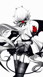 1girl backless_outfit bare_back bow dress flower from_behind garter_straps hair_bow highres horns juliet_sleeves limited_palette long_hair long_sleeves original puffy_sleeves red_flower red_rose rose sheya short_dress simple_background solo spot_color standing thighhighs very_long_hair white_background wings