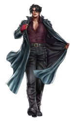 Rule 34 | 1boy, absurdres, belt, black belt, black coat, black hair, black pants, black shoes, brown eyes, coat, frown, full body, gloves, hair over one eye, highres, kazama jin, male focus, non-web source, pants, purple shirt, red gloves, shirt, shoes, short hair, simple background, solo, tekken, tekken tag tournament 2, walking, white background, yamashita shun&#039;ya