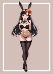 1girl animal_ears ayase_shichikai black_bra black_hair black_panties black_shoes black_thighhighs blush bow bowtie bra breasts brown_background collar crossed_ankles cum cum_on_body detached_collar facial fake_animal_ears flower full_body gluteal_fold hair_flower hair_ornament hands_on_own_chest highres kono_subarashii_sekai_ni_shukufuku_wo! lace lace-trimmed_thighhighs lace_trim leaning_forward long_hair looking_at_viewer medium_breasts multi-strapped_panties navel open_mouth panties rabbit_ears red_bow red_bowtie red_eyes shoes solo standing strapless strapless_bra string_panties sweat thighhighs thighs tongue tongue_out two-tone_background underwear variant_set white_background white_collar yuiyui_(konosuba)