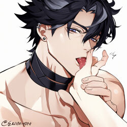 1boy 1other artist_name bandaged_neck bandages black_hair blue_eyes collarbone commentary ear_piercing earrings english_commentary eriimyon facial_scar fang genshin_impact grey_hair hair_between_eyes hand_up highres holding_another&#039;s_wrist jewelry licking licking_hand looking_at_viewer male_focus multicolored_hair open_mouth parted_bangs piercing pov saliva scar scar_on_cheek scar_on_face scar_on_neck short_hair simple_background solo_focus streaked_hair stud_earrings tongue tongue_out twitter_username white_background wriothesley_(genshin_impact)