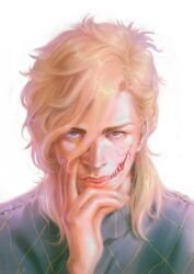 Rule 34 | 1boy, absurdres, argyle clothes, argyle sweater, blonde hair, blue eyes, blue sweater, commentary, cracked skin, diego brando, english commentary, fangs, hand on own face, hearoto, heterochromia, highres, jojo no kimyou na bouken, looking at viewer, male focus, no headwear, pink lips, reverse suspended congress, scary monsters (stand), sex from behind, sharp teeth, solo, steel ball run, sweater, teeth, traditional media, transformation, turtleneck, turtleneck sweater, white background, yellow eyes