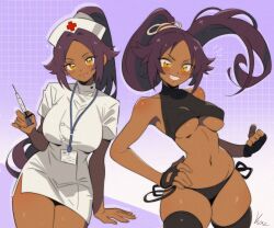 1girl artist_name black_gloves black_thighhighs black_vs_white bleach breasts dark-skinned_female dark_skin female_focus fingerless_gloves gloves hair_ornament hand_on_own_hip hat highres large_breasts long_hair looking_at_viewer name_tag navel nurse nurse_cap parted_bangs ponytail purple_hair shihouin_yoruichi simple_background sitting skindentation smile standing syringe teeth thick_thighs thighhighs thighs underboob vizaz yellow_eyes