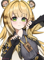 1girl animal_ear_fluff animal_ears blonde_hair colored_inner_hair gloves green_eyes highres jacket ju_fufu long_hair looking_at_viewer multicolored_hair shirt smile solo striped_hair tail tiger_ears tiger_girl vic4games zenless_zone_zero