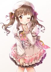 Rule 34 | 1girl, back bow, blush, bow, brooch, brown eyes, brown hair, center cross lace, cross-laced clothes, cross-laced dress, dress, dress bow, finger to mouth, frilled dress, frills, hair ribbon, hat, highres, idolmaster, idolmaster cinderella girls, idolmaster cinderella girls starlight stage, jewelry, juliet sleeves, long sleeves, michii yuuki, ogata chieri, one eye closed, pink bow, pink ribbon, puffy sleeves, ribbon, short dress, shushing, sidelocks, simple background, smile, twintails, wavy hair, white background, white dress, white headwear, yellow brooch, yellow ribbon