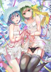2girls ;d absurdres bare_legs black_panties blue_eyes blue_hair blush bouquet bow breasts cirno closed_mouth collarbone daiyousei dress flower garter_belt green_eyes green_hair grey_legwear hair_bow high_heels highres holding holding_bouquet long_hair looking_at_viewer multiple_girls ogata_tei one_eye_closed open_mouth panties petals pink_ribbon pumps ribbon short_dress sleeveless sleeveless_dress small_breasts smile thighhighs touhou underwear veil white_dress white_footwear yellow_bow