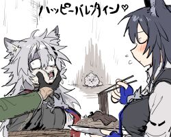 Rule 34 | 1boy, 2girls, animal ears, arknights, black gloves, black hair, black jacket, black vest, blue necktie, blush, breasts, cheek squash, chocolate-covered food, chocolate on spaghetti, chopsticks, closed eyes, constricted pupils, creature, facing another, famiglia cleaner, feeding, flying sweatdrops, food, force-feeding, gloves, grabbing another&#039;s chin, grey hair, hand on another&#039;s chin, happy valentine, highres, holding, holding chopsticks, holding with chopsticks, horrified, jacket, lappland (arknights), lappland the decadenza (arknights), large breasts, long hair, long sleeves, looking at another, multiple girls, mutomorokoshi, necktie, nervous sweating, open mouth, out of frame, pale skin, pasta, sharp teeth, shirt, simple background, spaghetti, sweat, tearing up, teeth, texas (arknights), texas the omertosa (arknights), turn pale, vest, white background, white shirt, wide-eyed, wolf ears, wolf girl, yuri