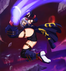 ass attack banpresto boots brown_eyes cameltoe cindy_bird facepaint fingerless_gloves gloves glowing highres kicking solo super_robot_wars super_robot_wars_og_saga_mugen_no_frontier super_robot_wars_og_saga_mugen_no_frontier_exceed syunzou white_hair