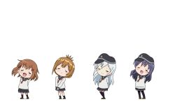 4girls akatsuki_(kancolle) black_hair black_headwear black_sailor_collar black_skirt brown_hair closed_eyes flat_cap folded_ponytail grey_hair hat hibiki_(kancolle) highres ikazuchi_(kancolle) inazuma_(kancolle) kantai_collection koufuku_graffiti long_hair multiple_girls neckerchief negative_space parody pleated_skirt red_neckerchief sailor_collar school_uniform serafuku short_hair simple_background skirt smile style_parody sugapi white_background