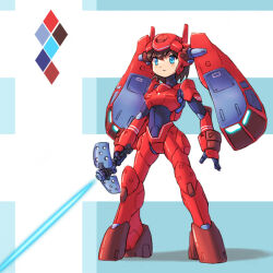 1girl armor blue_eyes brown_hair color_guide commentary_request energy_sword full_armor full_body holding holding_sword holding_weapon laser mecha_musume original short_hair solo sword tsune_(dreamers_express) weapon