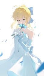 1girl absurdres ahoge artoria_pendragon_(fate) bare_shoulders blonde_hair blue_bow blue_flower blue_petals blue_ribbon bow collarbone dress elbow_gloves enoharatoki falling_petals fate/stay_night fate_(series) floating_hair flower gloves green_eyes hair_between_eyes hair_bow hair_ribbon high_ponytail highres holding holding_flower long_dress long_hair looking_down petals ponytail ribbon saber_(fate) sidelocks simple_background sleeveless sleeveless_dress smelling smelling_flower solo strapless strapless_dress wedding_dress white_background white_dress white_flower white_gloves