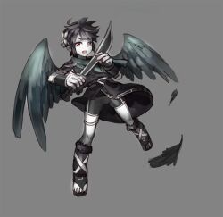 Rule 34 | 1boy, ahoge, angel, angel wings, bike shorts, dark pit, feathers, full body, kid icarus, kid icarus uprising, laurel crown, male focus, nintendo, open mouth, red eyes, silver bow (kid icarus), solo, spot color, tfotr, wings