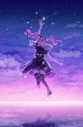 Rule 34 | 1girl, 7naako5, ameagari no ichibanhoshi (project sekai), blonde hair, boots, cloud, cloudy sky, dress, floating, floating hair, frilled dress, frills, from behind, from side, gradient hair, gradient sky, high heel boots, high heels, highres, long hair, multicolored hair, nebula, ocean, official alternate costume, project sekai, purple sky, reaching, reflection, shooting star, sky, sleeveless, sleeveless dress, star (sky), star (symbol), star ornament, starry sky, sunset, tenma saki, thighhighs, twintails, zettai ryouiki
