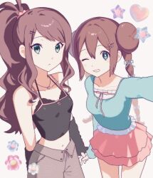 Rule 34 | 2girls, bare shoulders, blue eyes, blue shirt, blush, bow, breasts, brown hair, closed mouth, collarbone, commentary request, covered navel, cowboy shot, cropped shirt, double bun, flower, green eyes, hair bow, hair bun, hair ornament, high ponytail, highres, hilda (pokemon), holding hands, jewelry, long hair, long sleeves, looking at viewer, midriff, multiple girls, navel, necklace, nintendo, one eye closed, open mouth, oromnt, pink skirt, pokemon, pokemon bw, pokemon bw2, ponytail, rosa (pokemon), shirt, sidelocks, simple background, skirt, small breasts, smile, teeth, twintails, white background