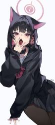 1girl absurdres animal_ears black_hoodie blue_archive cat_ears colored_inner_hair extra_ears halo highres hood hoodie hotke kazusa_(blue_archive) multicolored_hair piercing pink_hair pink_halo simple_background solo two-tone_hair white_background
