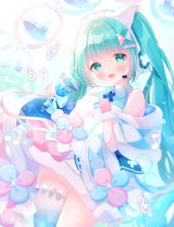 1girl 39 :d animal_ear_headphones animal_ears aqua_hair asymmetrical_gloves bare_shoulders bell blue_cross_tie blue_gloves blue_shawl blue_shirt breasts christmas collared_shirt commentary_request cowboy_shot cross_tie dated dress fake_animal_ears fur-trimmed_dress fur-trimmed_gloves fur_trim gloves green_eyes hair_ornament hatsune_miku headphones highres holding holding_bell long_hair looking_at_viewer magical_mirai_(vocaloid) magical_mirai_miku magical_mirai_miku_(2020_winter) medium_breasts mismatched_gloves omochi_monaka open_mouth pink_gloves shawl shirt signature single_thighhigh sleeveless sleeveless_shirt smile solo thighhighs treble_clef twintails very_long_hair vocaloid white_dress