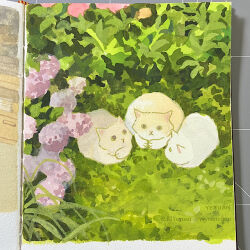 animal animal_focus cat flower looking_at_another looking_at_viewer no_humans original outdoors painting_(medium) plant sitting traditional_media yeyuan33