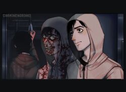 1boy 1other against_window arm_up averting_eyes bags_under_eyes black_hair blood blood_on_clothes blood_on_face carminenoriaki colored_teeth cry_of_fear dilated_pupils dual_persona grey_hoodie handrail highres holding hood hood_down hood_up hoodie leaning_to_the_side looking_at_another male_focus nervous open_mouth people reflection reflection_focus reflective_surface short_hair simon_henriksson simon_henriksson_(book) train_interior upper_body wide-eyed yellow_teeth