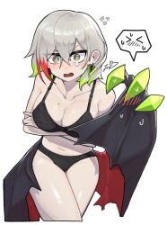 1girl arms_under_breasts bare_shoulders black_bra black_panties blush bra breasts card_game cleavage collarbone diabellstar_the_black_witch dillo_(smootharmadillo) duel_monster earrings embarrassed gradient_hair grey_eyes grey_hair highres jewelry large_breasts looking_at_viewer mole mole_on_breast multicolored_hair navel open_mouth panties short_hair simple_background solo speech_bubble stomach thighs underwear white_background yu-gi-oh!