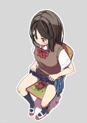 1girl artist_name bad_id bad_pixiv_id black_socks blush bow bowtie brown_eyes brown_hair building chair clothes_lift commentary_request female_focus giant giantess grey_background house kneehighs laundry lifting_own_clothes mailbox original outline pigeon-toed plaid_clothes plaid_skirt pleated_skirt red_bow red_bowtie school_uniform self_exposure shapoco shoes short_sleeves signature simple_background sitting skirt skirt_lift socks solo striped_bow striped_bowtie striped_clothes striped_neckwear sweat sweatdrop sweater_vest tree twitter_username uwabaki vest watermark white_outline