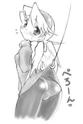 1girl angel_wings ass blue_theme blush boots breath_of_fire breath_of_fire_iv capcom cowboy_shot crotch_seam dr.p earrings female_focus flying_sweatdrops from_behind greyscale hairband hook jewelry monochrome nina_(breath_of_fire_iv) panties panties_under_pantyhose pantyhose short_hair simple_background sitting solo sweat tongue underwear wariza white_background wings