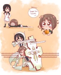 &gt;_&lt; &gt;o&lt; 2girls aiming armor artist_name black_eyes black_hair blush boots brown_eyes brown_hair chibi closed_eyes commentary crying dated dress english_commentary english_text flying_sweatdrops flying_teardrops food fruit gun hair_between_eyes hand_on_own_hip heart hiding highres holding holding_food holding_fruit holding_gun holding_shield holding_sword holding_weapon jacket kagajou_suzume kusunoki_mebuki kusunoki_mebuki_wa_yuusha_de_aru long_hair long_sleeves looking_at_another low_twintails lying magical_girl mandarin_orange minzzway multiple_girls multiple_views necktie no_mouth o_o on_stomach open_mouth orange_(fruit) orange_background pantyhose pleated_skirt protecting rifle scared school_uniform shield short_hair signature skirt socks speech_bubble standing sword tearing_up tears twintails watermark weapon white_dress white_skirt yuusha_de_aru