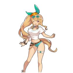 1girl belt blonde_hair bracelet breasts dragalia_lost elisanne_(summer) flower glasses jewelry long_hair official_art one_eye_closed open_mouth panties purple_eyes saitou_naoki shirt side_ponytail solo third-party_source underwear very_long_hair white_shirt