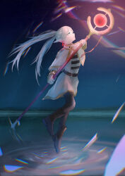 1girl absurdres black_boots black_pantyhose boots capelet closed_mouth commentary dress earrings elf floating frieren from_side full_body green_eyes hand_up highres holding holding_staff horizon jewelry kei_ayada levitation long_hair mage_staff night night_sky outdoors pantyhose pointy_ears profile sky solo sousou_no_frieren staff star_(sky) starry_sky teardrop_earrings twintails water white_capelet white_dress
