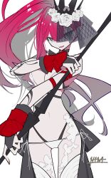 1girl absurdres baobhan_sith_(fate) baobhan_sith_(swimsuit_pretender)_(third_ascension)_(fate) bare_shoulders bikini breasts bridal_gauntlets cleavage detached_collar fate/grand_order fate_(series) grey_eyes h1n4 hammer highres large_breasts long_hair looking_at_viewer navel open_mouth pink_hair pointy_ears side_ponytail single_sidelock smile solo swimsuit thighs tiara veil white_bikini