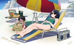 Rule 34 | 1boy, 1girl, alternate universe, barefoot, beach, beach chair, beach umbrella, black hair, blue eyes, blush, blush stickers, building sand sculpture, chair, commentary request, copyright name, crossed legs, dated, gelgoog (gquuuuuux), good end, gundam, gundam gquuuuuux, hand on own stomach, highres, holding, holding trowel, iseki shuuichi, lying, on back, one-piece swimsuit, radio, sand, sand sculpture, shiiko sugai, shiiko sugai&#039;s son, short hair, shorts, signature, smile, spoilers, swimsuit, trowel, umbrella