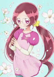 1girl aizawa_zawapo blue_background blue_pants blush bow casual closed_mouth collarbone commentary cowboy_shot denim dress dress_bow falling_flower falling_petals flower flower_request glasses hair_flower hair_ornament hair_scrunchie hanasaki_tsubomi hands_up heartcatch_precure! highres jeans layered_sleeves legs_together long_hair long_sleeves looking_at_viewer low_twintails official_style own_hands_together pants parted_bangs petals pink_bow pink_dress pink_eyes pink_flower pink_hair pink_petals precure puffy_short_sleeves puffy_sleeves round_eyewear scrunchie short_dress short_sleeves simple_background smile solo split_mouth spread_fingers standing twintails umakoshi_yoshihiko_(style) very_long_hair yellow_scrunchie yellow_sleeves