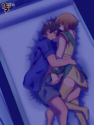 1boy 1girl age_difference bed bedroom blanket blue_eyes blue_shirt brown_hair clothed_sex crying elpeo_puru grey_shorts gundam gundam_zz handjob judau_ashta loli rape redlerred7 shirt shorts skirt tears yellow_shirt