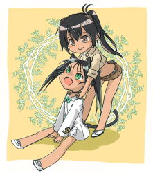 2girls animal_ears bird_ears bird_girl bird_tail black_hair bow brown_eyes brown_shirt cat_ears cat_girl cat_tail chibi collarbone dark-skinned_female dark_skin francesca_lucchini green_bow green_eyes jacket kanai looking_at_another luminous_witches manaia_matawhaura_hato military military_uniform multiple_girls open_mouth shirt shoes shorts sitting sleeves_rolled_up smile standing strike_witches tail twintails white_jacket world_witches_series