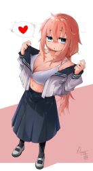 1girl avarangers black_socks blue_eyes blue_sailor_collar blue_skirt bra breasts cleavage commentary_request full_body hair_between_eyes heart highres large_breasts long_hair long_sleeves low_ponytail michinoku_komaro navel open_clothes open_shirt parted_lips pink_background pink_hair pleated_skirt ponytail sailor_collar school_uniform seitokai_ni_mo_ana_wa_aru! serafuku shirt shoes skirt socks solo spoken_heart standing two-tone_background underwear undressing uwabaki white_background white_bra white_shirt