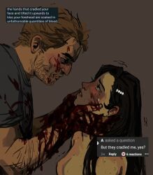 1boy 1girl arm_hair bags_under_eyes beard_stubble black_eyes black_hair blonde_hair blood blood_on_arm blood_on_face blood_on_hands blue_shirt blush clenched_teeth clothed_male_nude_female crying crying_with_eyes_open facial_hair from_side grabbing_another&#039;s_chin hand_on_another&#039;s_chin hetero highres long_hair looking_at_another nekromaxxing no_nipples nude open_mouth original shirt short_hair stubble tears teeth upper_body