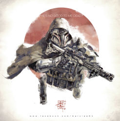 1boy 2016 adapted_costume ammunition_pouch armor assault_visor boba_fett brown_cloak cloak commentary english_commentary english_text gloves gun highres holding holding_gun holding_weapon hood hood_up hooded_cloak male_focus mandalorian mar-c! pouch scope shoulder_armor solo star_wars trigger_discipline upper_body watermark weapon weapon_request web_address