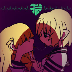 2girls absurdres after_kiss bandaid bandaid_on_arm black_eyes black_sailor_collar blonde_hair cardiogram commentary_request cookie_(touhou) empty_eyes gauze_on_arm hair_ornament hand_in_another&#039;s_hair heart highres joker_(cookie) kirisame_marisa long_hair looking_at_another mizuhashi_parsee muimui_(4242564muimui) multiple_girls neck_ribbon open_mouth pointy_ears profile red_ribbon ribbon sailor_collar saliva saliva_trail school_uniform serafuku shirt short_hair simple_background star_(symbol) star_hair_ornament suzu_(cookie) tongue tongue_out touhou unusually_open_eyes upper_body white_shirt yuri