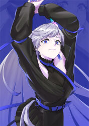 1girl absurdres arms_up belt belt_collar black_dress black_shirt blue_background blue_belt blue_eyes blue_nails breasts closed_mouth collar collarbone commentary_request dress earrings feather_hair_ornament feathers grey_hair hair_ornament halter_dress halterneck highres itsumeee3 jewelry long_hair long_sleeves looking_at_viewer shirt shirt_over_dress sleeveless sleeveless_dress swept_bangs very_long_hair vesperbell virtual_youtuber yomi_(vesperbell) zoom_layer