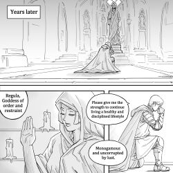 1boy armor bb_(baalbuddy) candle cape capelet cloak closed_eyes english_text gauntlets hand_up highres hood hooded_capelet hooded_cloak indoors kneeling monochrome on_one_knee original paladin praying short_hair solo speech_bubble statue temple