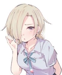 Rule 34 | 1girl, blonde hair, blush, breasts, collarbone, collared shirt, ear piercing, green ribbon, hair over one eye, looking at viewer, love live!, love live! nijigasaki high school idol club, medium breasts, mia taylor, neck ribbon, nijigasaki school uniform, notyu maru, one eye covered, parted lips, piercing, purple eyes, ribbon, school uniform, shirt, short hair, short sleeves, solo, summer uniform, upper body, white background, white shirt