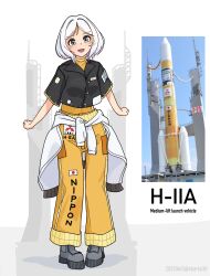 1girl absurdres artist_name black_boots black_shirt boots clothes_around_waist commentary dated english_commentary flag_print highres jacket jacket_around_waist japanese_flag japanese_flag_print mecha_musume object_and_personification open_mouth orange_pants original pants personification photo_inset sbarky38 shirt short_hair solo standing white_hair white_jacket